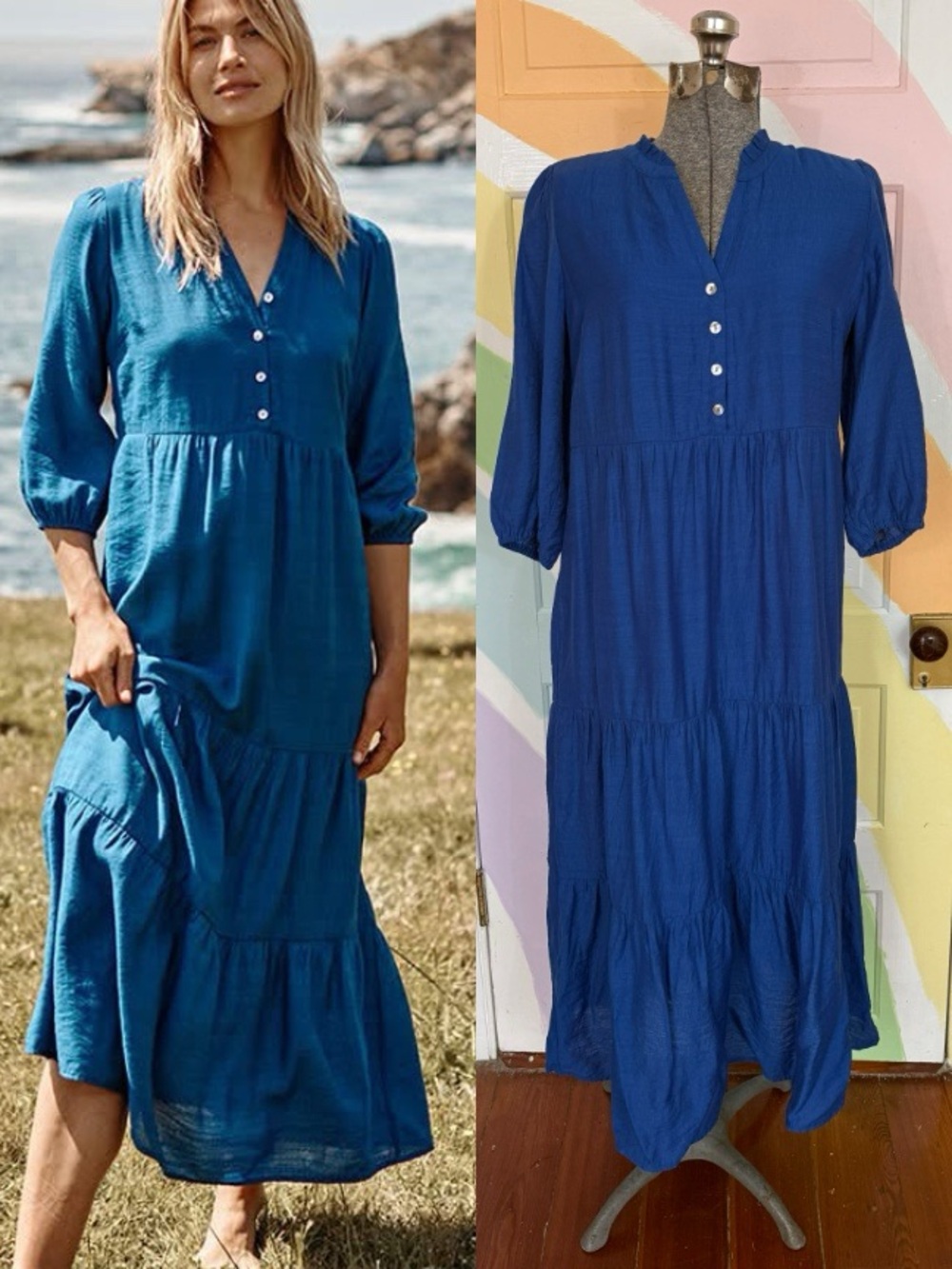 NWT J. Jill Ruffle Neckline Tiered Coastal Maxi Dress Sz PS 🧡🍄